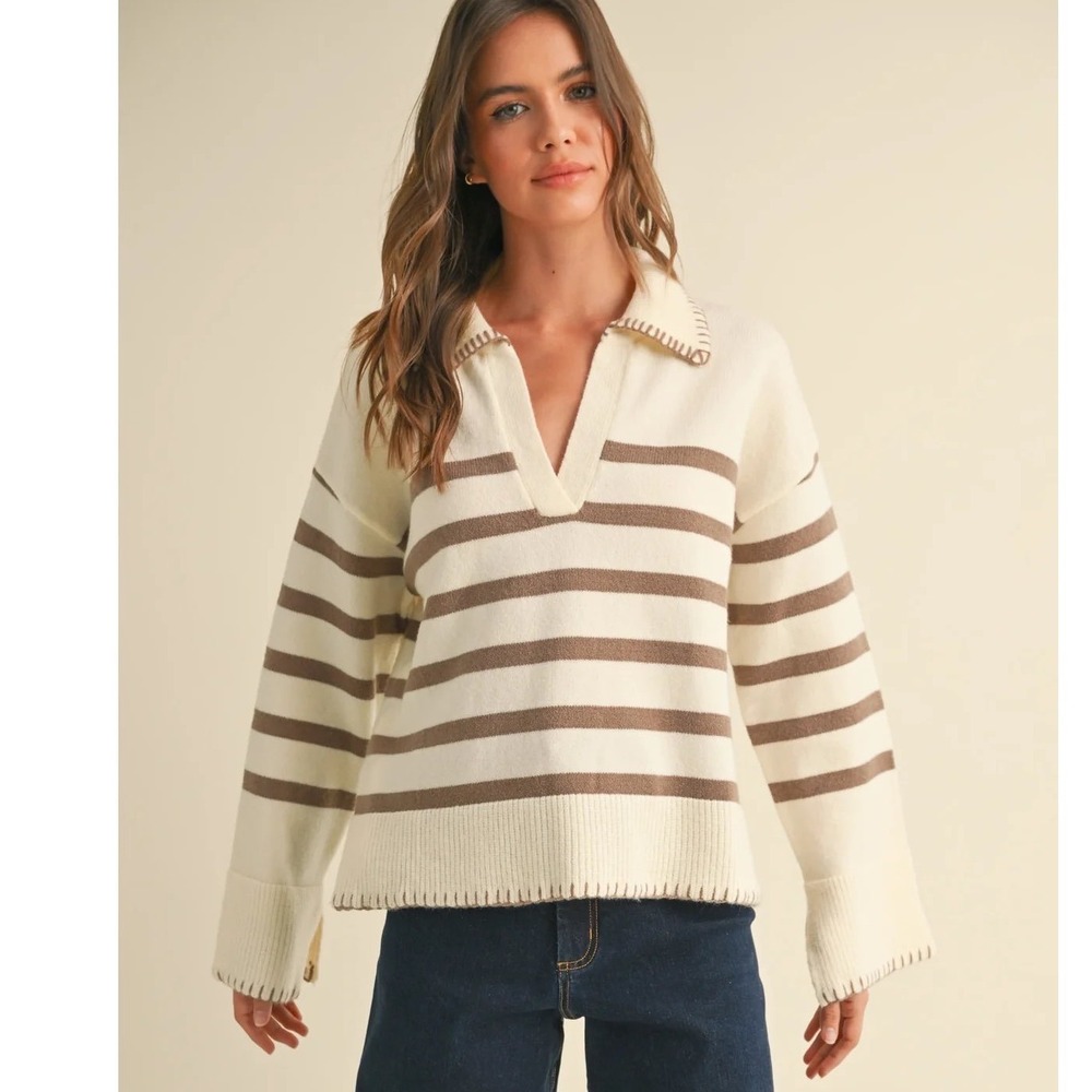Miou Muse Womens Striped Polo Sweater Cream‎ Large Embroidered Stitch Baggy